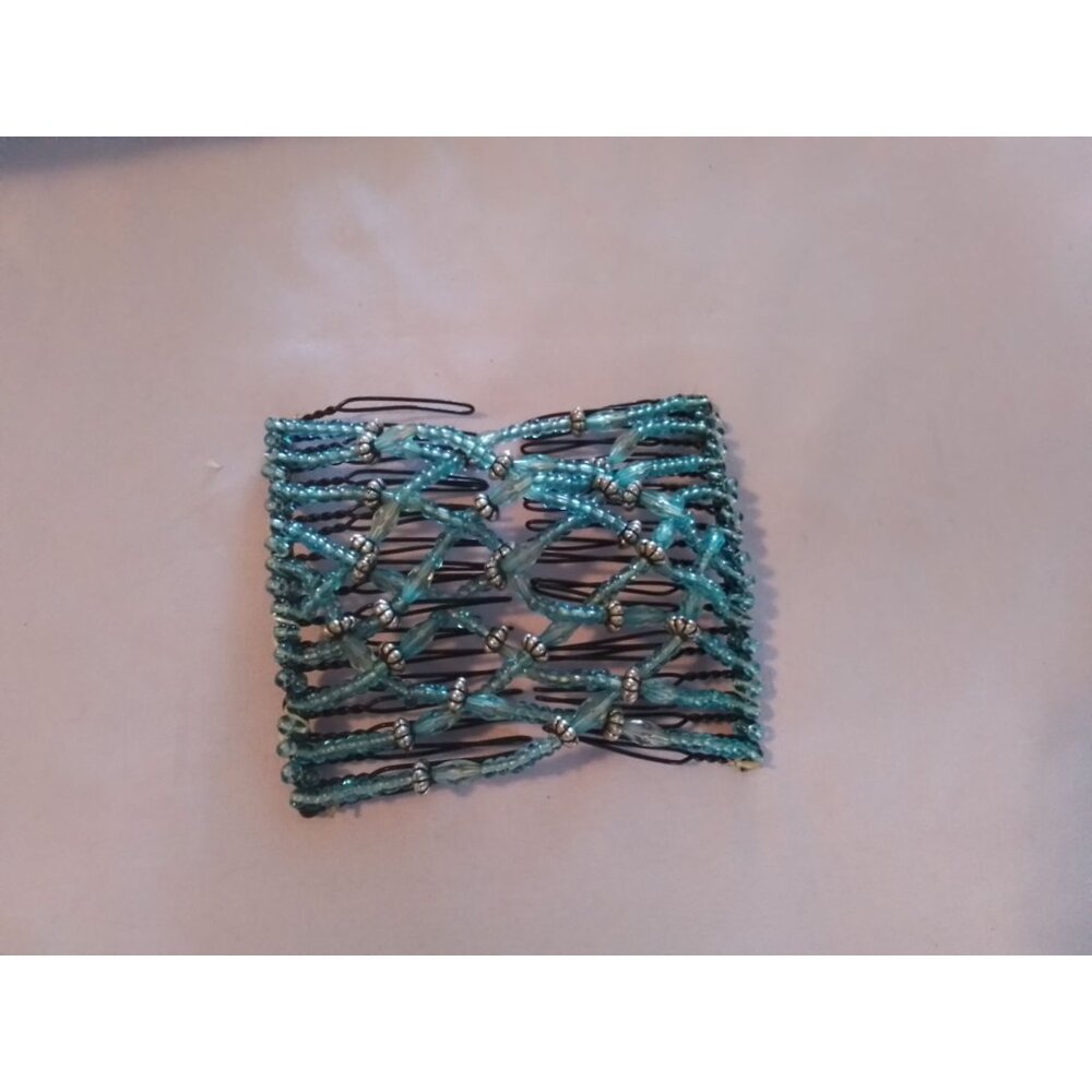 Beaded Elastic Hair Comb Stretchy Double Clip Turquoise & Silver Bead Design
